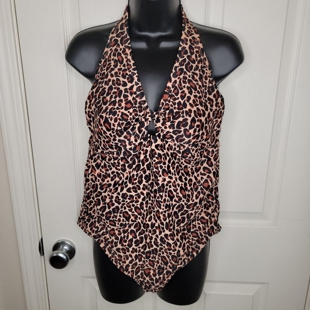 Kona Sol leopard print halter one piece swimsuit 16w